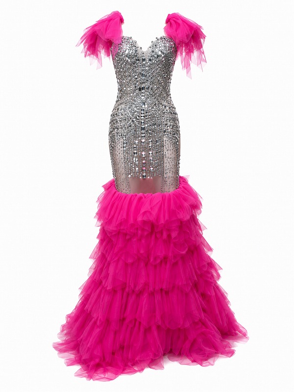 【新品DRESS 2032】フロントシアーラグジュアリービジューボリュームフリルバイカラーマーメイドロングドレス ピンク